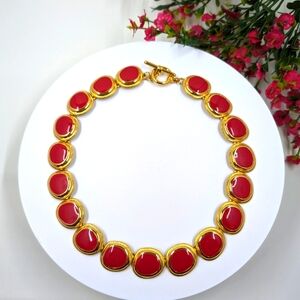 Red Enamel and Gold Vintage Necklace with Toggle Closure